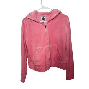 Juicy Couture Velour Hoodie Zip Up Pink Embroidered Crown Logo Women's Size L